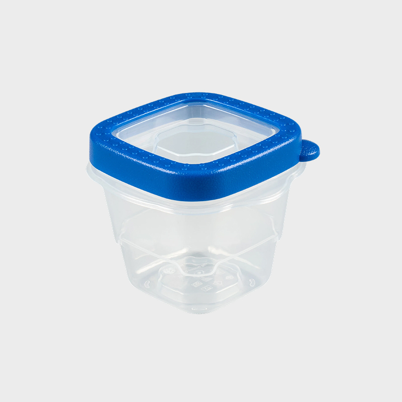 PFB023 Contenedor cuadrado miniatura de PP para conservación de alimentos, 118 ml (4 onzas), juego de 4 unidades con tapas sobremoldeadas azules