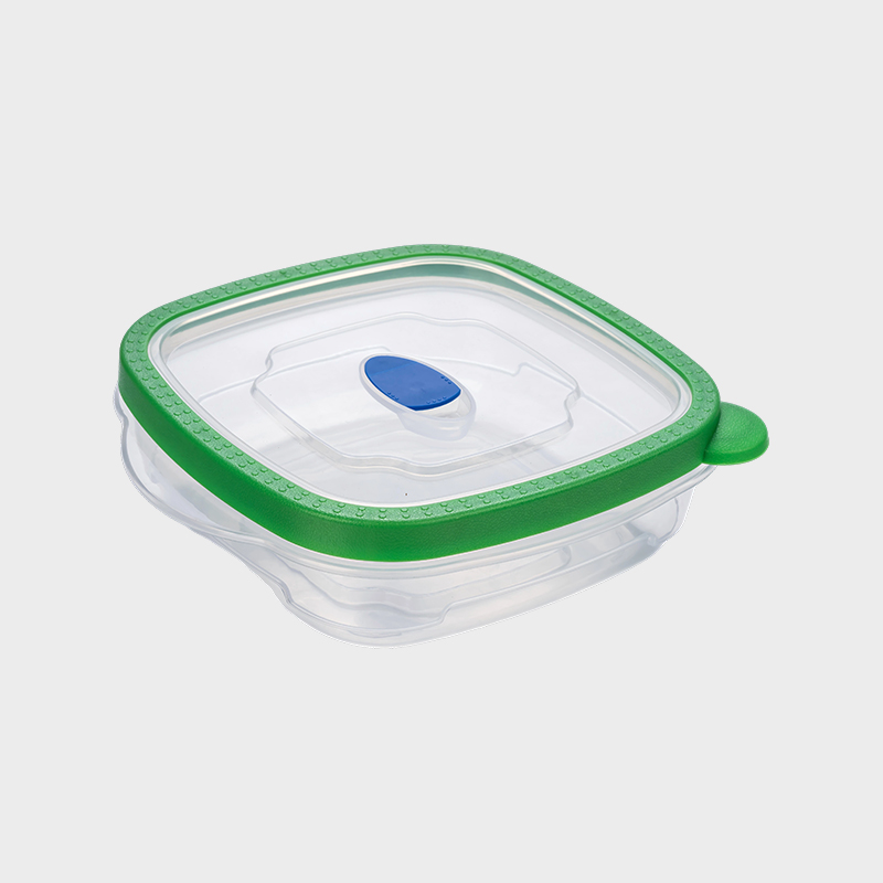 PFB027 Recipiente para conservación de alimentos de PP cuadrado poco profundo y base ancha de 710 ml con tapa sobremoldeada verde ventilada