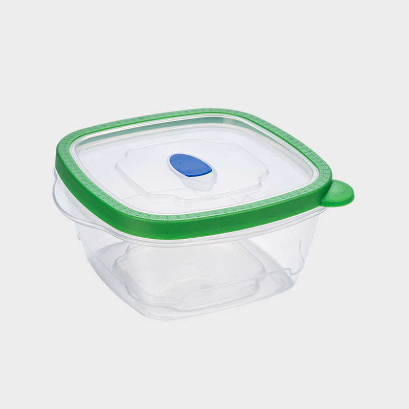 PFB028 Recipiente para conservación de alimentos de PP cuadrado de profundidad media, 1180 ml, con tapa sobremoldeada verde ventilada
