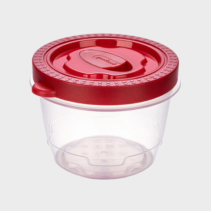 PFB052 Contenedor cilíndrico de PP para conservación de alimentos de 360 ​​ml con tapa sobremoldeada roja ventilada